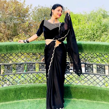 Black Crepe Georgette Bollywood Saree with Lace Border